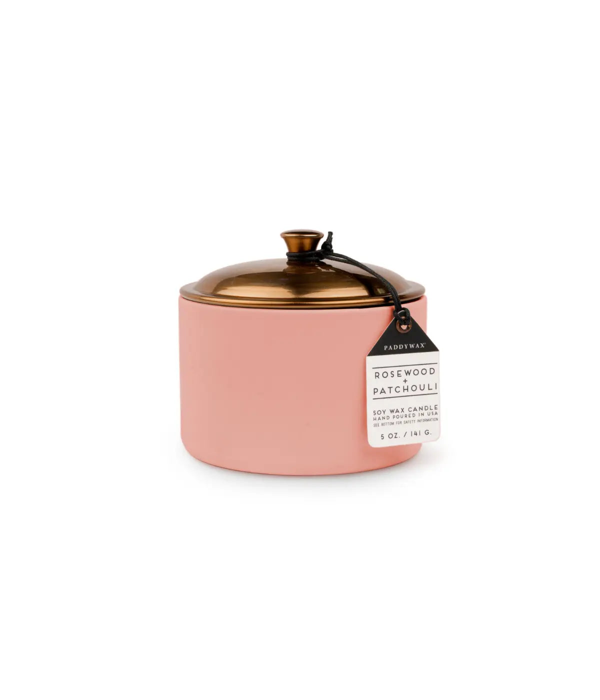 Portacandele rosa, tappo in metallo color oro. Etichetta scritta rosewood patchouli. Sfondo bianco