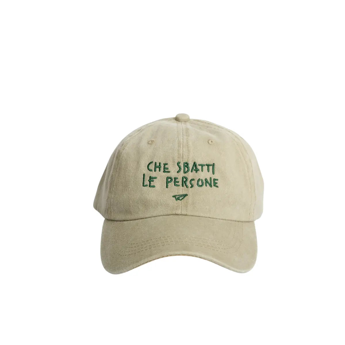Cappellino Beige di Linea Daria con la scritto "Che sbatti le persone" in verde