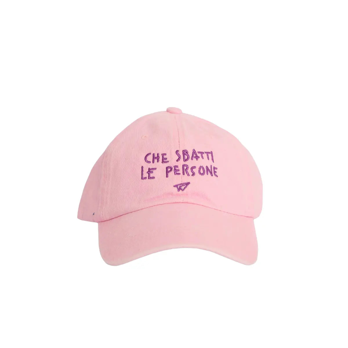 Cappellino rosa di Linea Daria con la scritto "Che sbatti le persone" in viola
