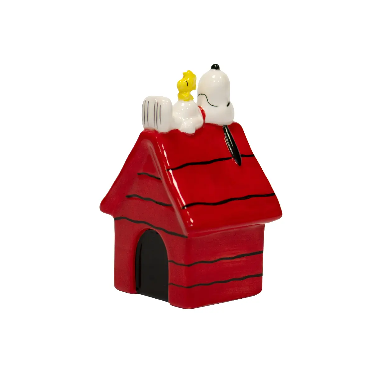 Casetta rossa a righe nere con Snoopy sdraiato sul tetto e Woodstock
