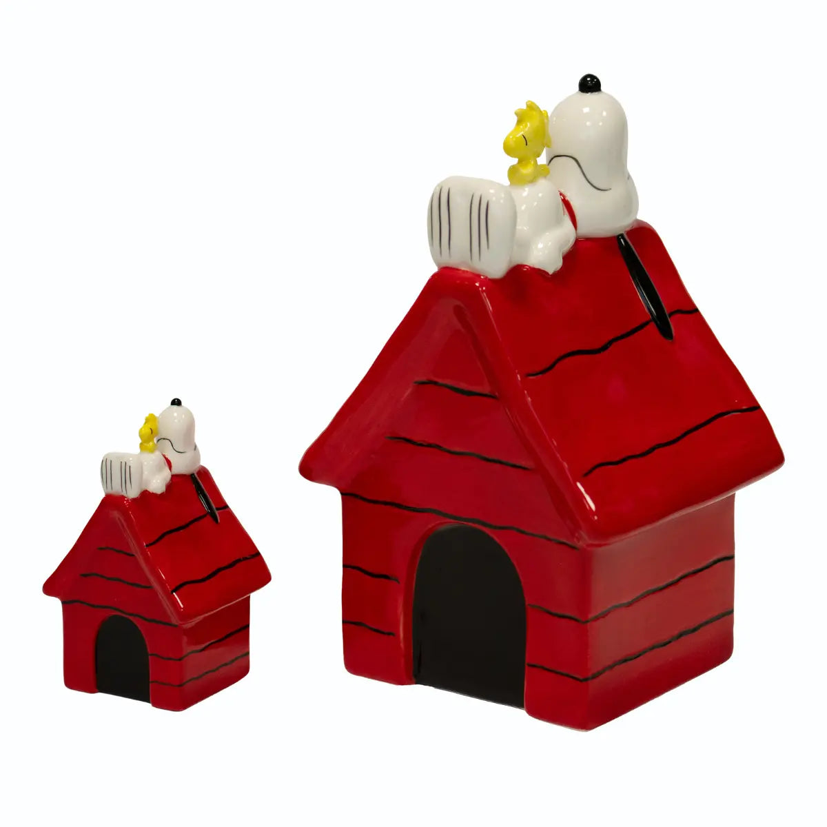 Due formati della casetta rossa a righe nere con Snoopy sdraiato sul tetto e Woodstock