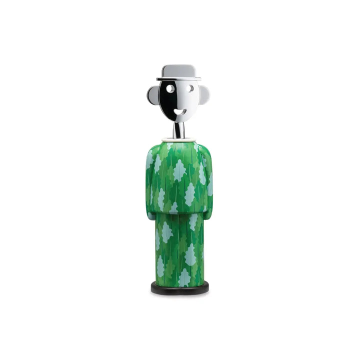 Cavatappi a forma di omino con abito verde pattern foglie e testa cromata