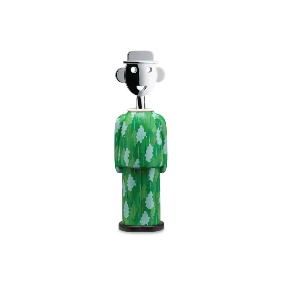Cavatappi a forma di omino con abito verde pattern foglie e testa cromata