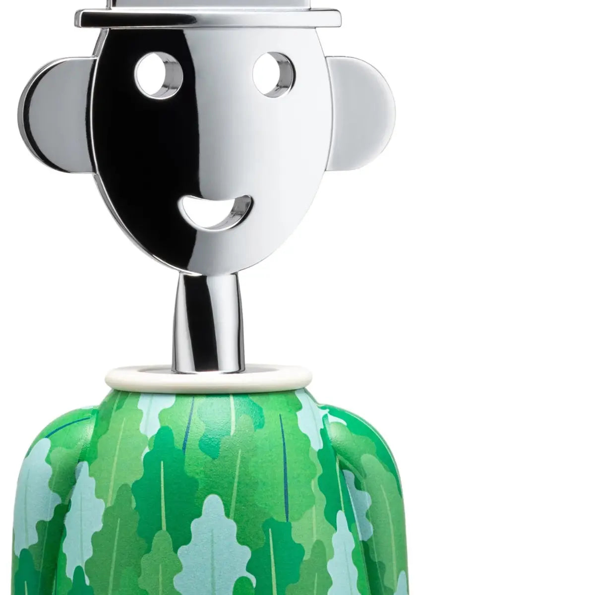 Cavatappi a forma di omino con abito verde pattern foglie e testa cromata dettaglio