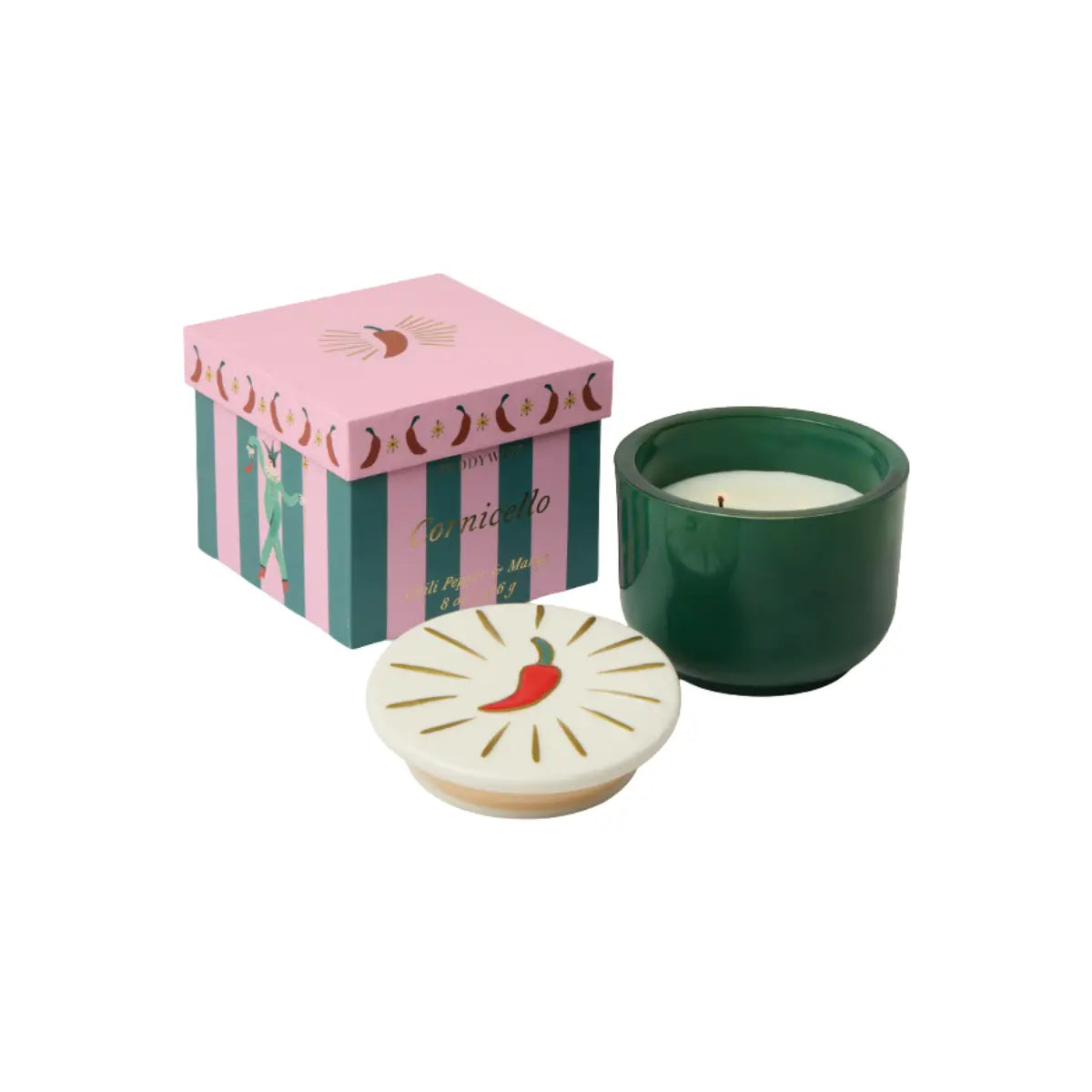 Candela profumata in vasetto verde con coperchio decorato e scatola coordinata.
