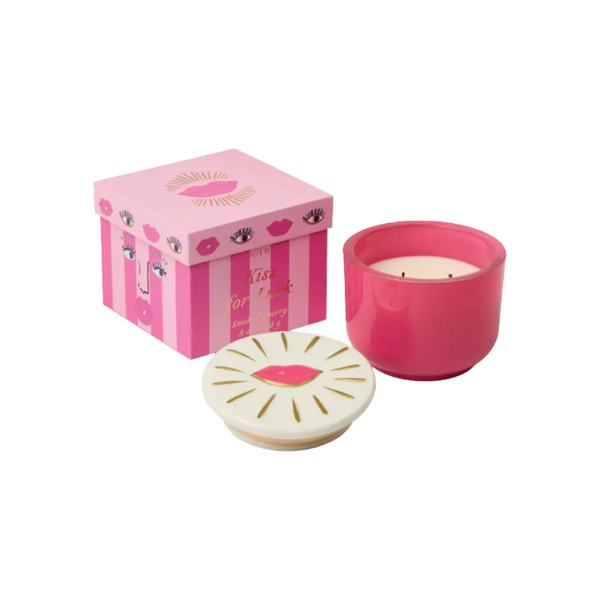 Candela profumata in vasetto rosa con coperchio decorato e scatola coordinata.