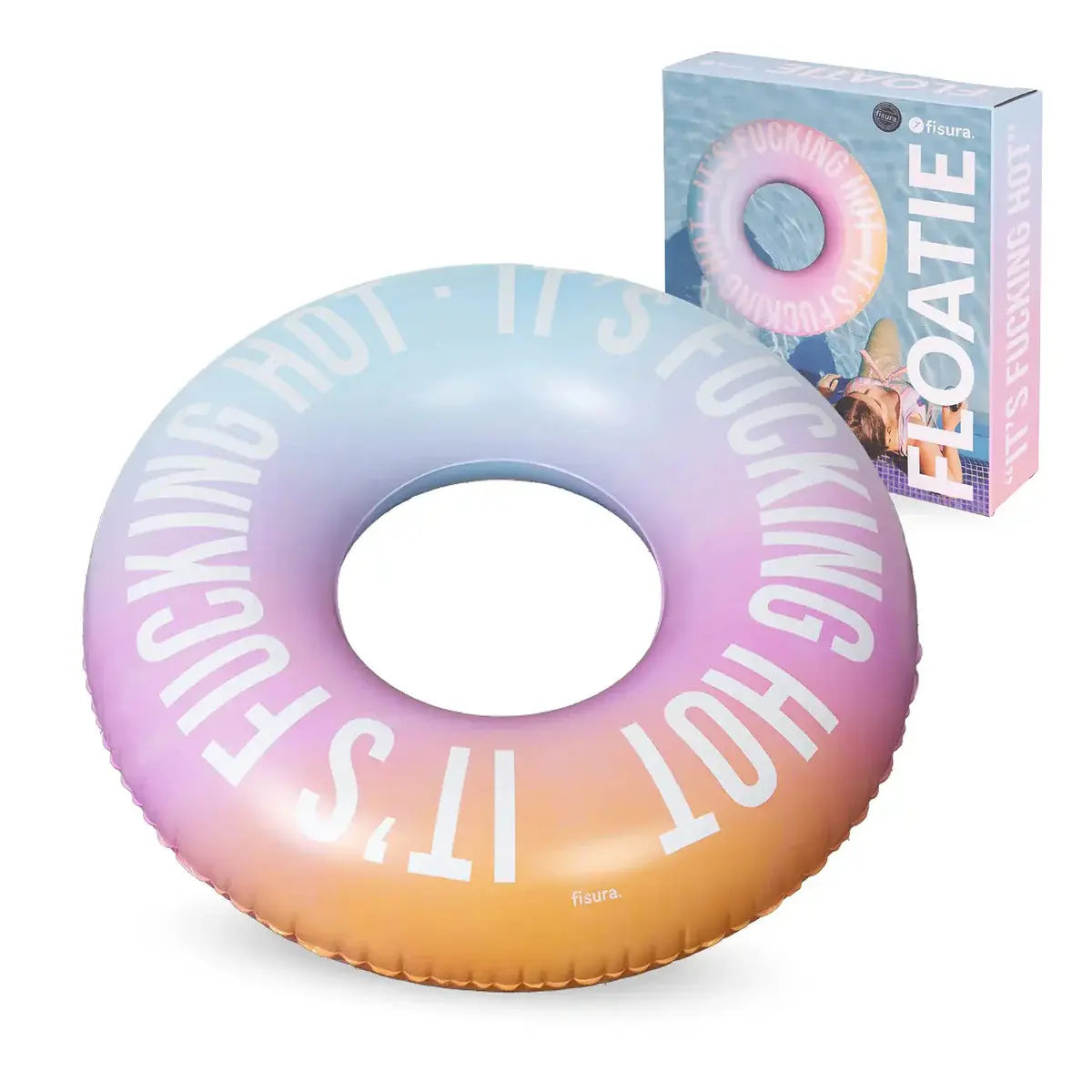 Ciambella salvagente gonfiabile gradiente con scritta bianca "It's Fucking Hot"