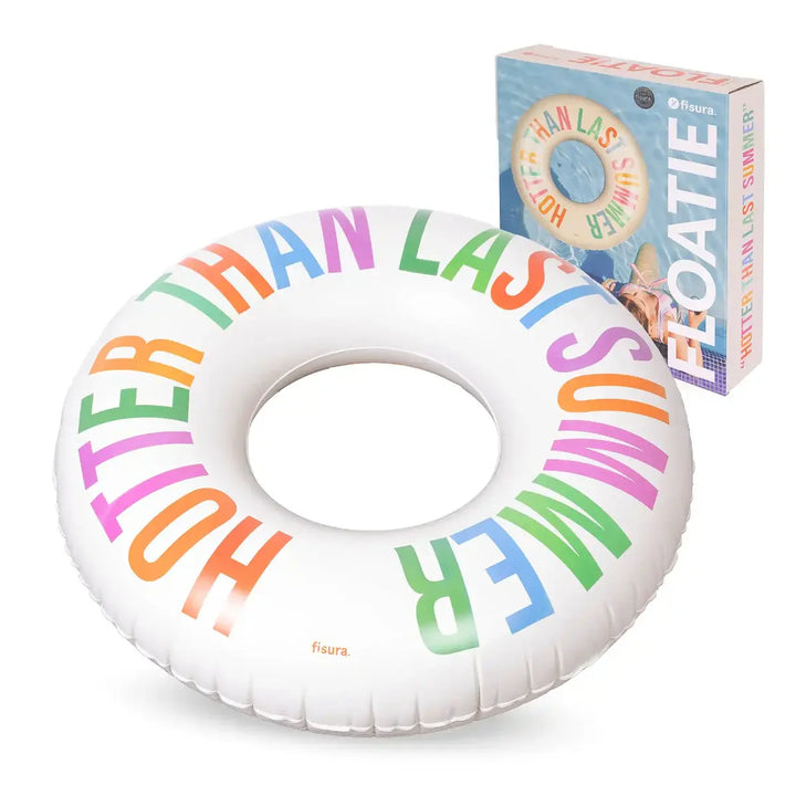 Ciambella salvagente gonfiabile bianca con scritta multicolor "Hotter Than Last Summer"