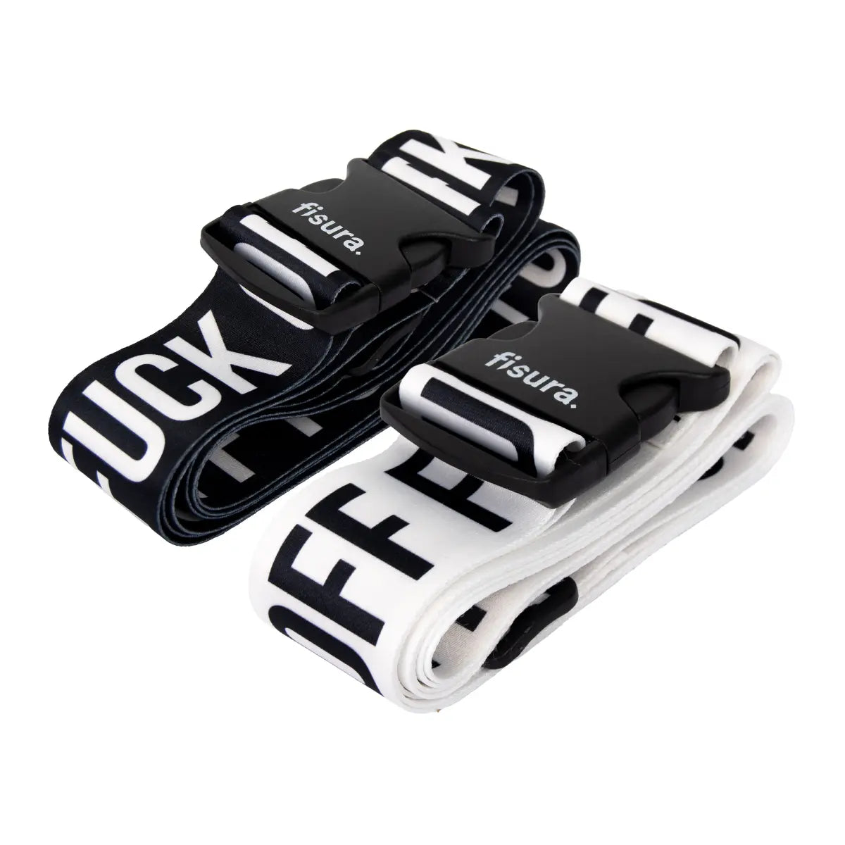 Set 2 cinghie per valigie con scritta "fuck off", uno nero con scritta bianco e l'altro bianco con scritta nera. Sfondo bianco 