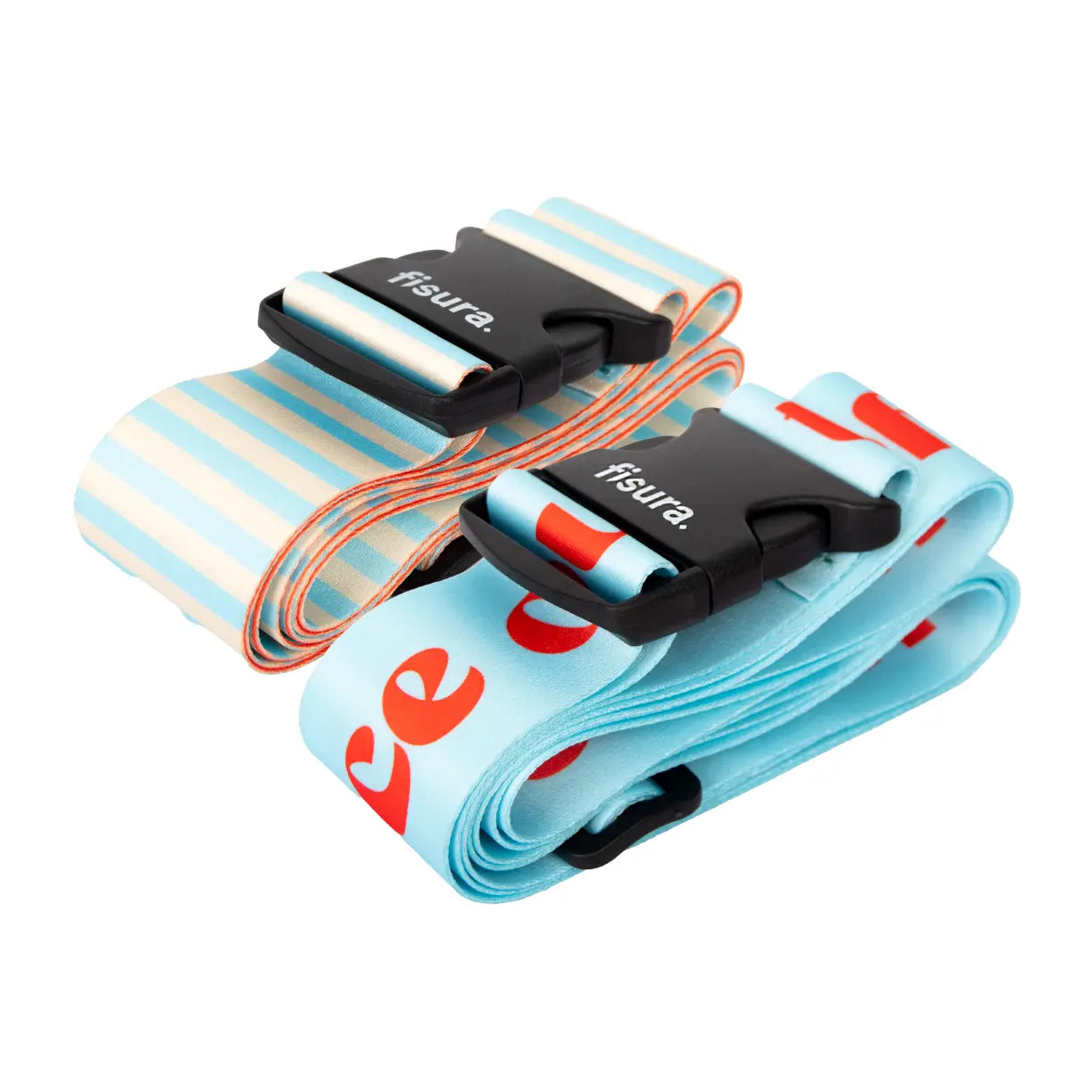 Set di 2 cinghie per valigia una con scritta "Out of the office" rossa su sfondo azzurro e una righe bianche e azzurre. 