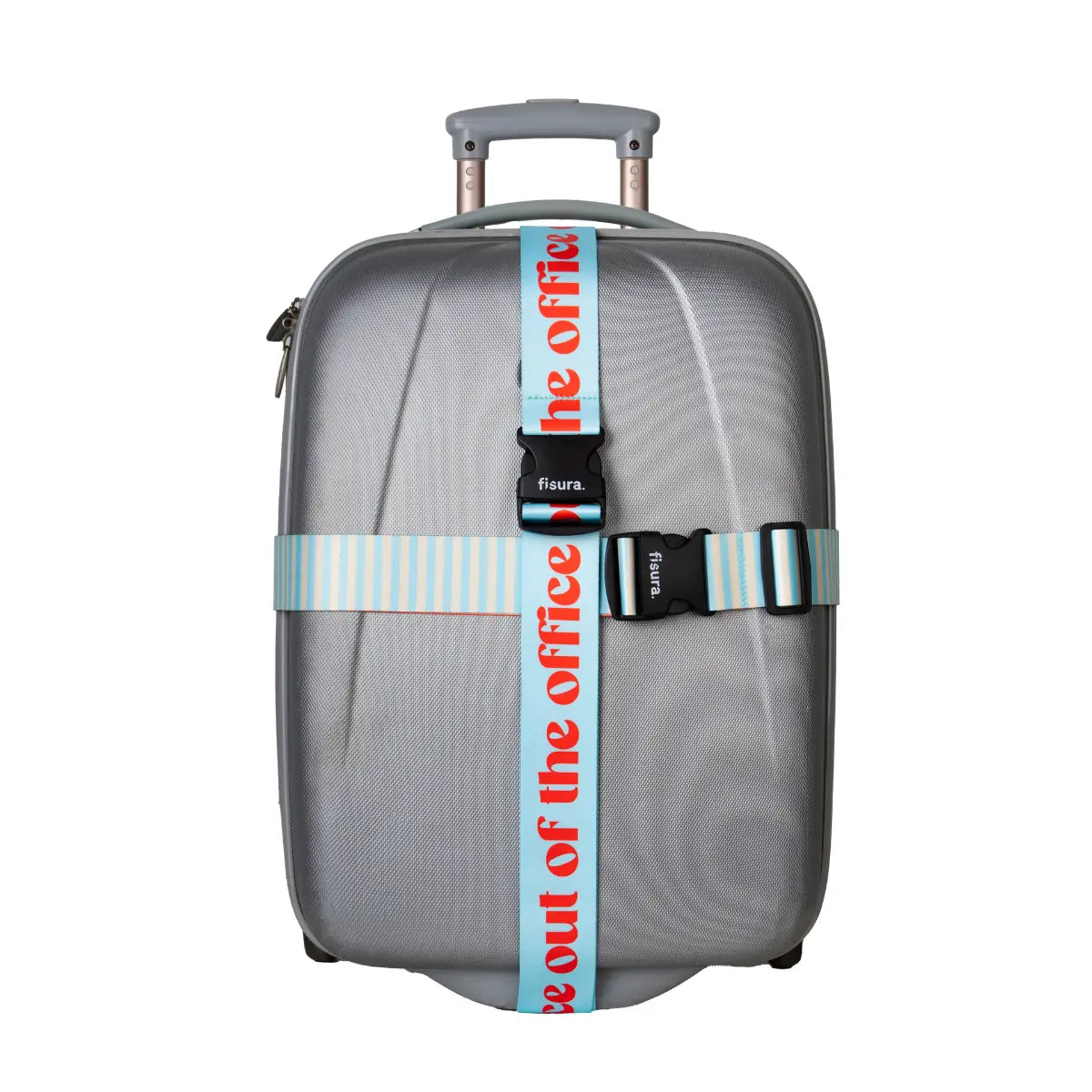 Valigia grigia con set di 2 cinghie per valigia una con scritta "Out of the office" rossa su sfondo azzurro e una righe bianche e azzurre. 
