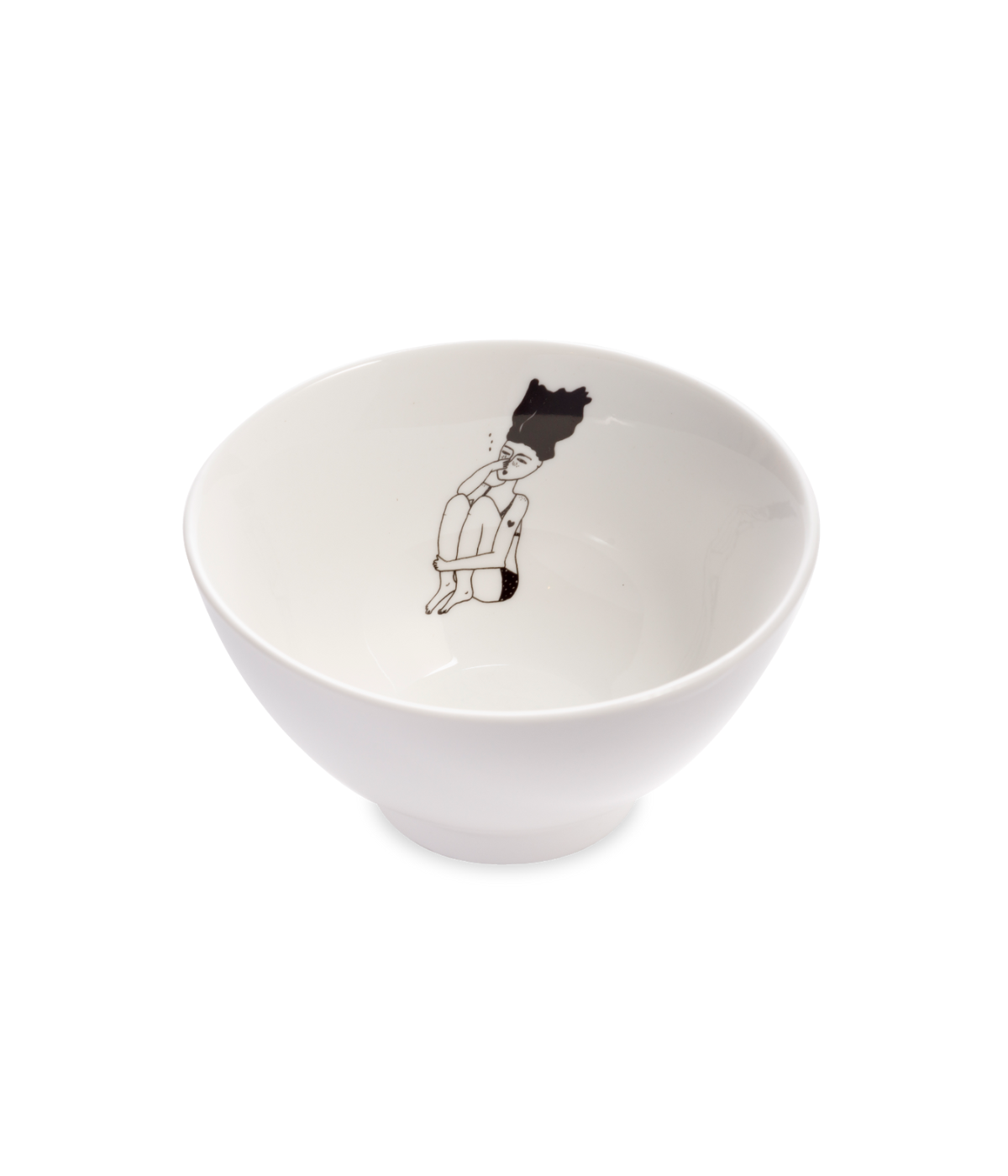 Ciotola bianca con disegno linee nere, ragazza che si tuffa. Immagine su sfondo bianco.