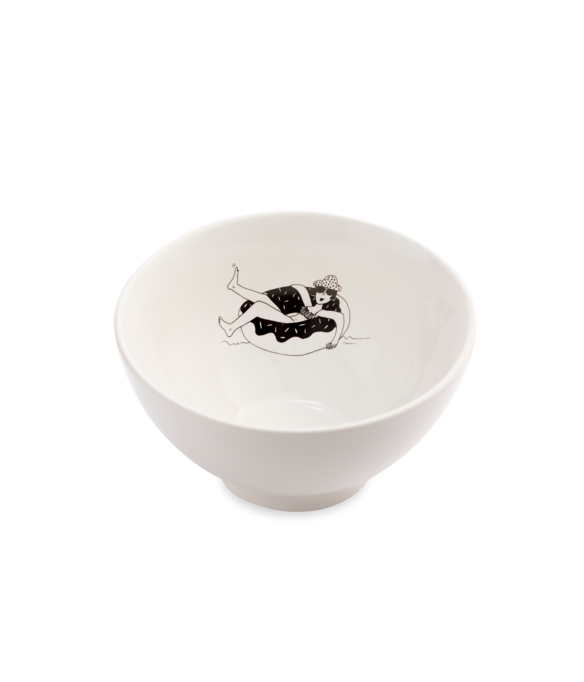 Ciotola bianca con disegno linee nere, donna dentro salvagente ciambella. Immagine su sfondo bianco.