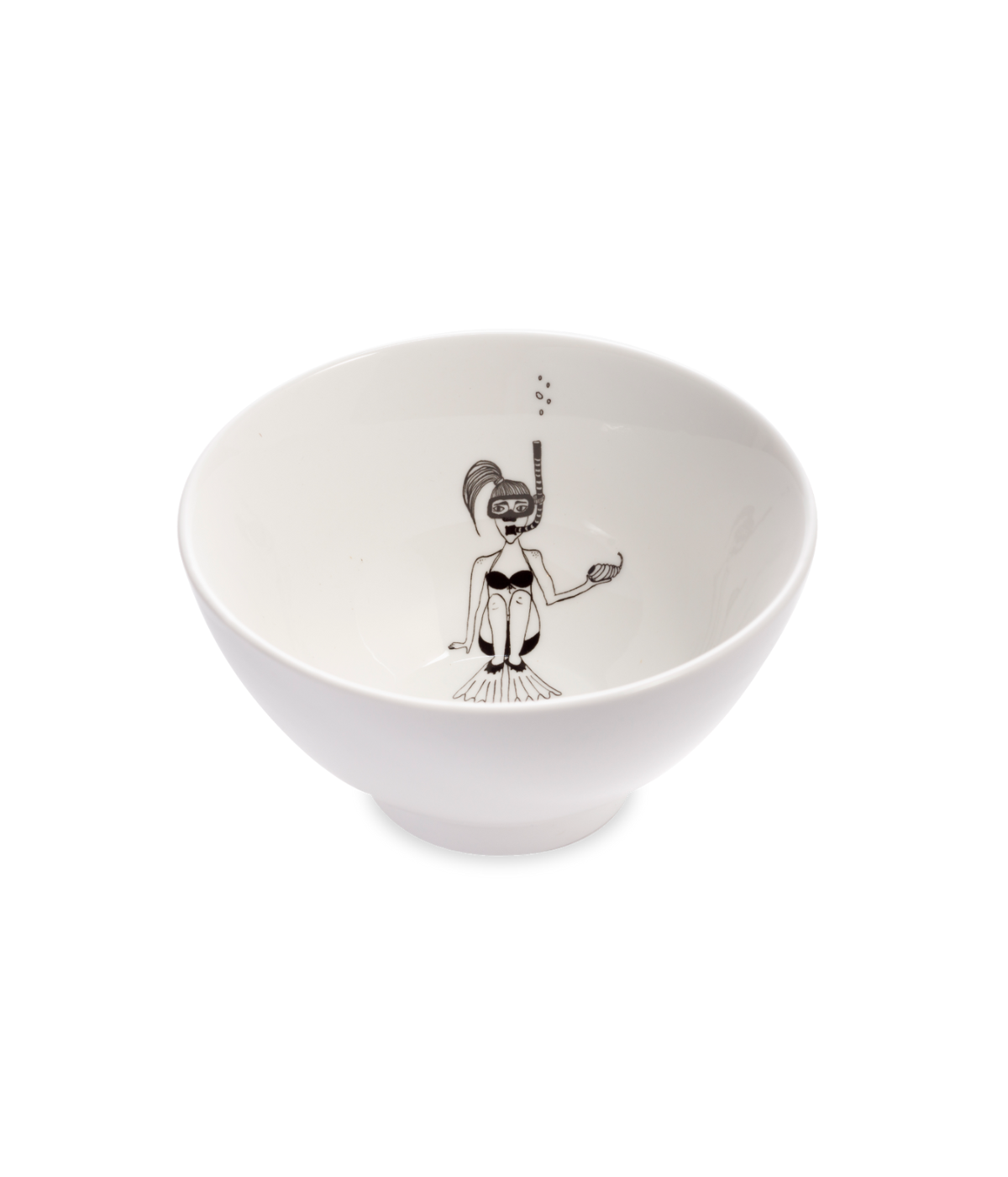 Ciotola bianca con disegno linee nere, ragazza che fa snorkeling. Immagine su sfondo bianco.