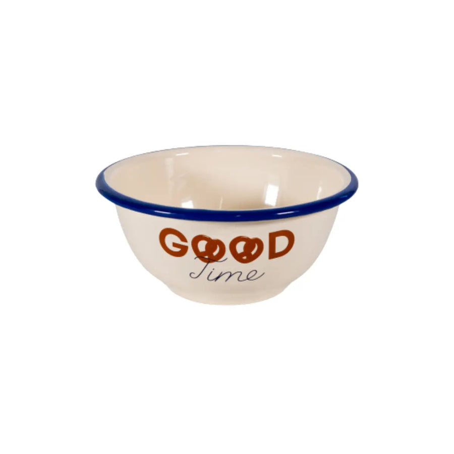 ciotola in latta smaltata con scritta good time in marrone e bordo blu