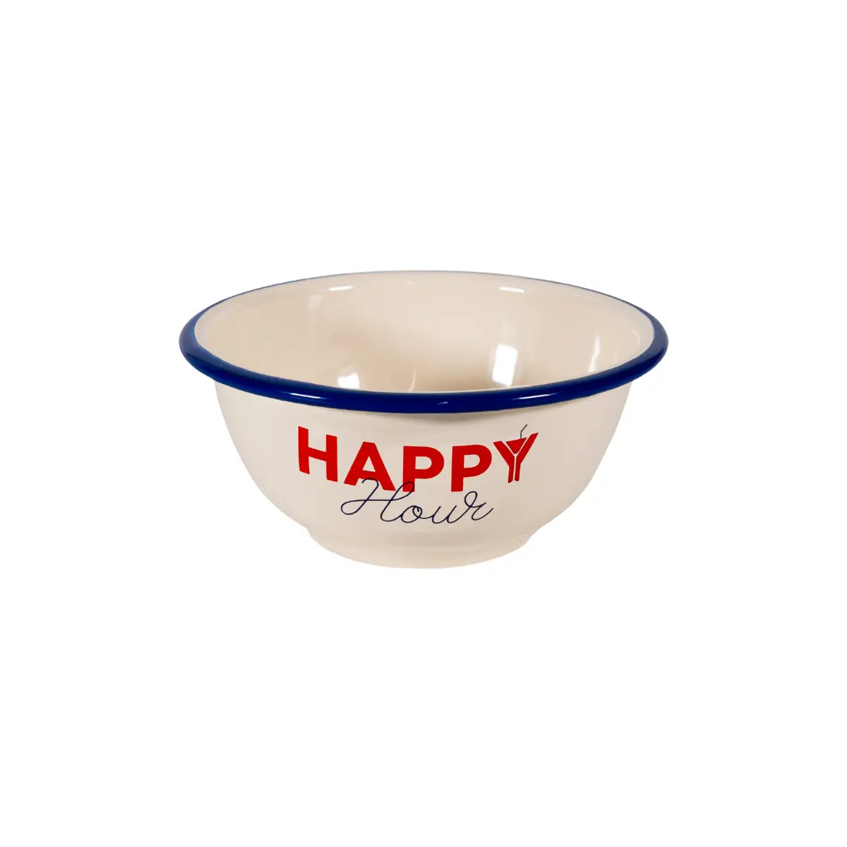 ciotola in latta smaltata con scritta happy hour in rosso e bordo blu