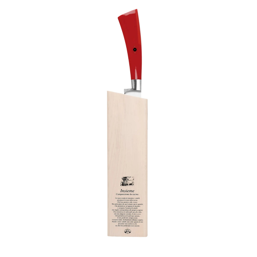 Un coltello da arrosto con manico rosso, ceppo in legno e scritta. Immagine su sfondo bianco