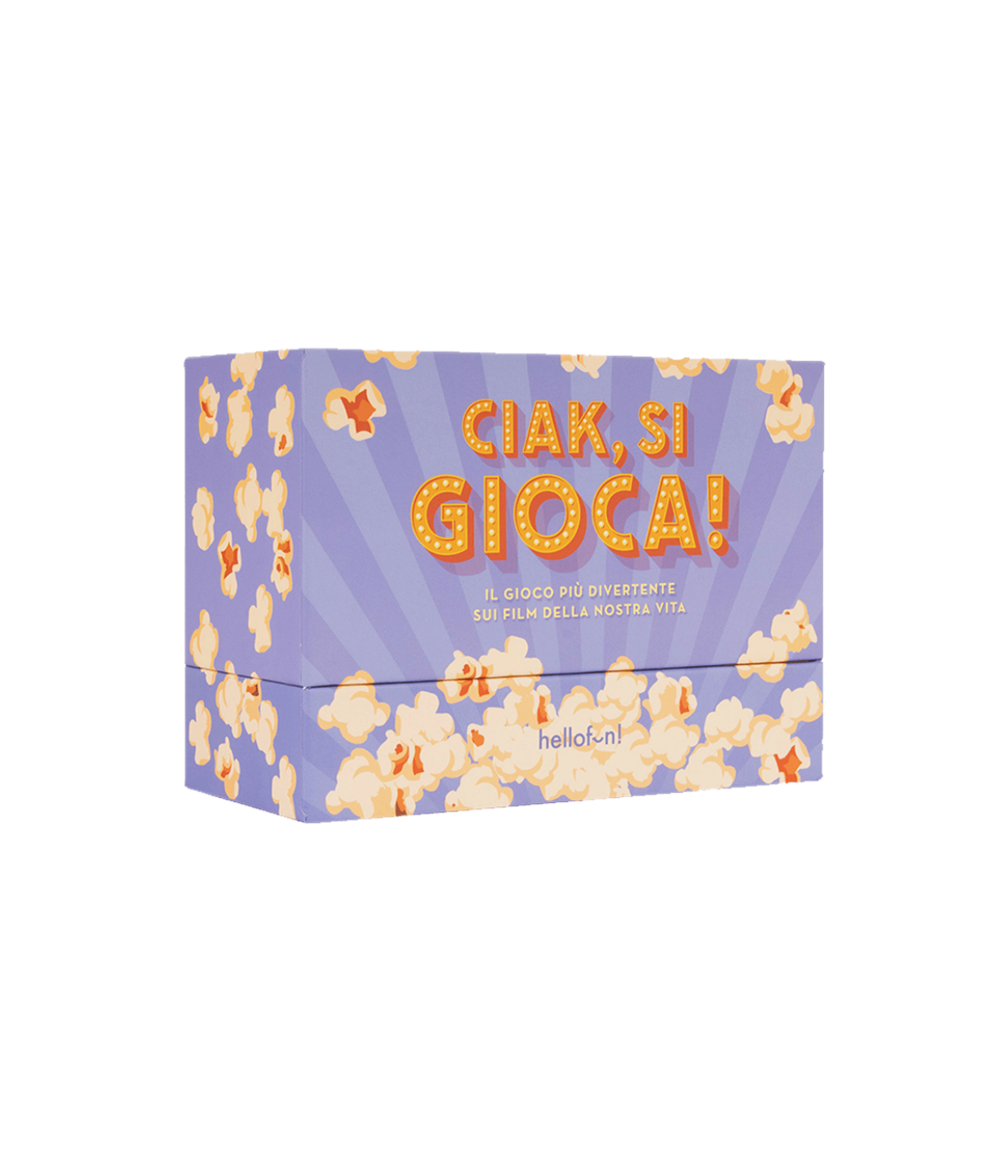 Scatola viola con scritta gialla stile cinema Ciack si gioca e pop corn disegnati. Sfondo bianco