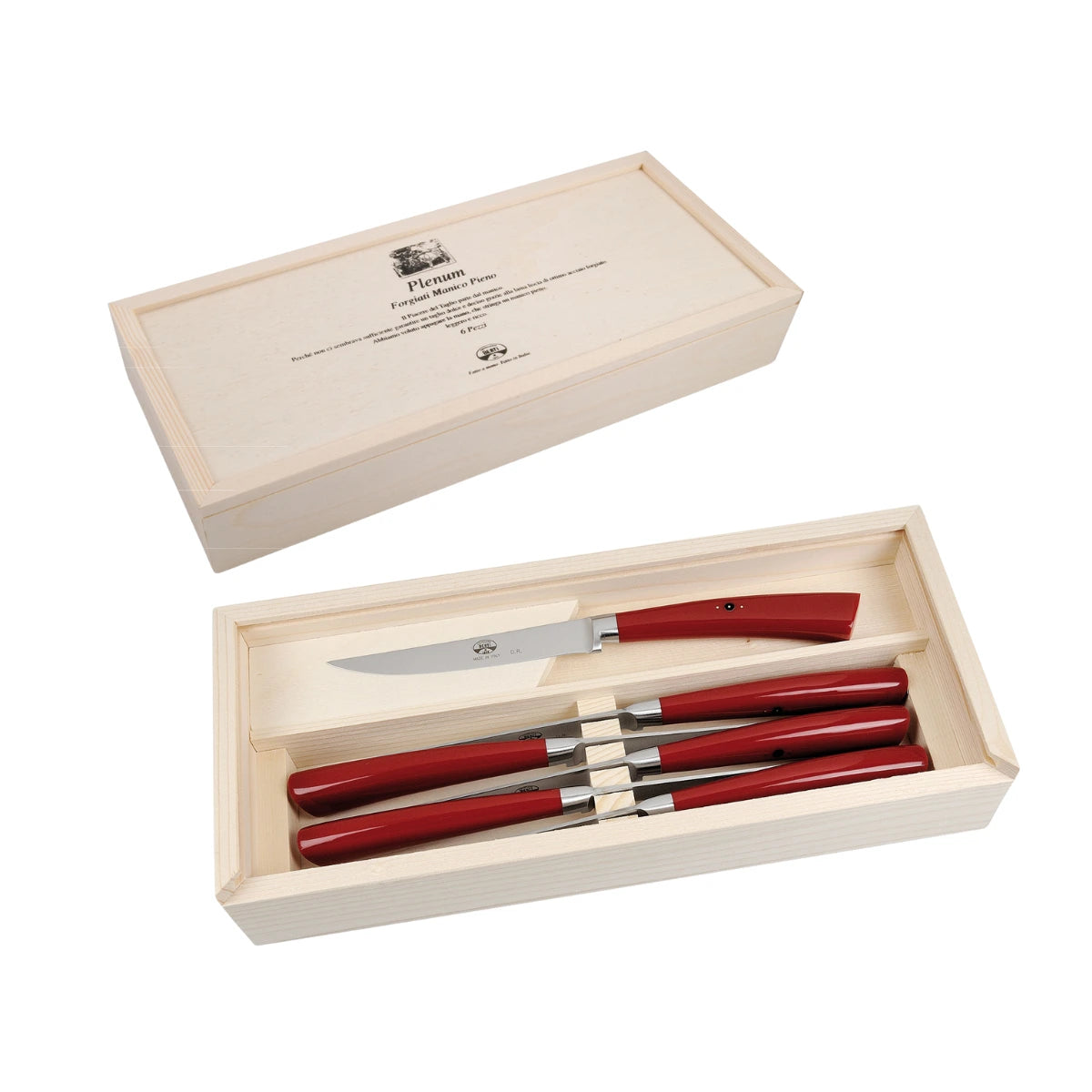 Confezione in legno Set sei coltelli da carne, manico rosso. Lama acciaio inox. Sfondo bianco