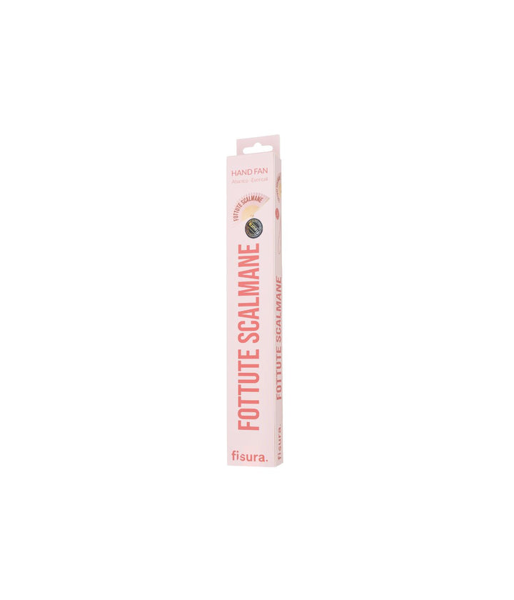 La confezione del Ventaglio "Fottute Scalmane", decorata con il testo rosso su sfondo rosa chiaro.