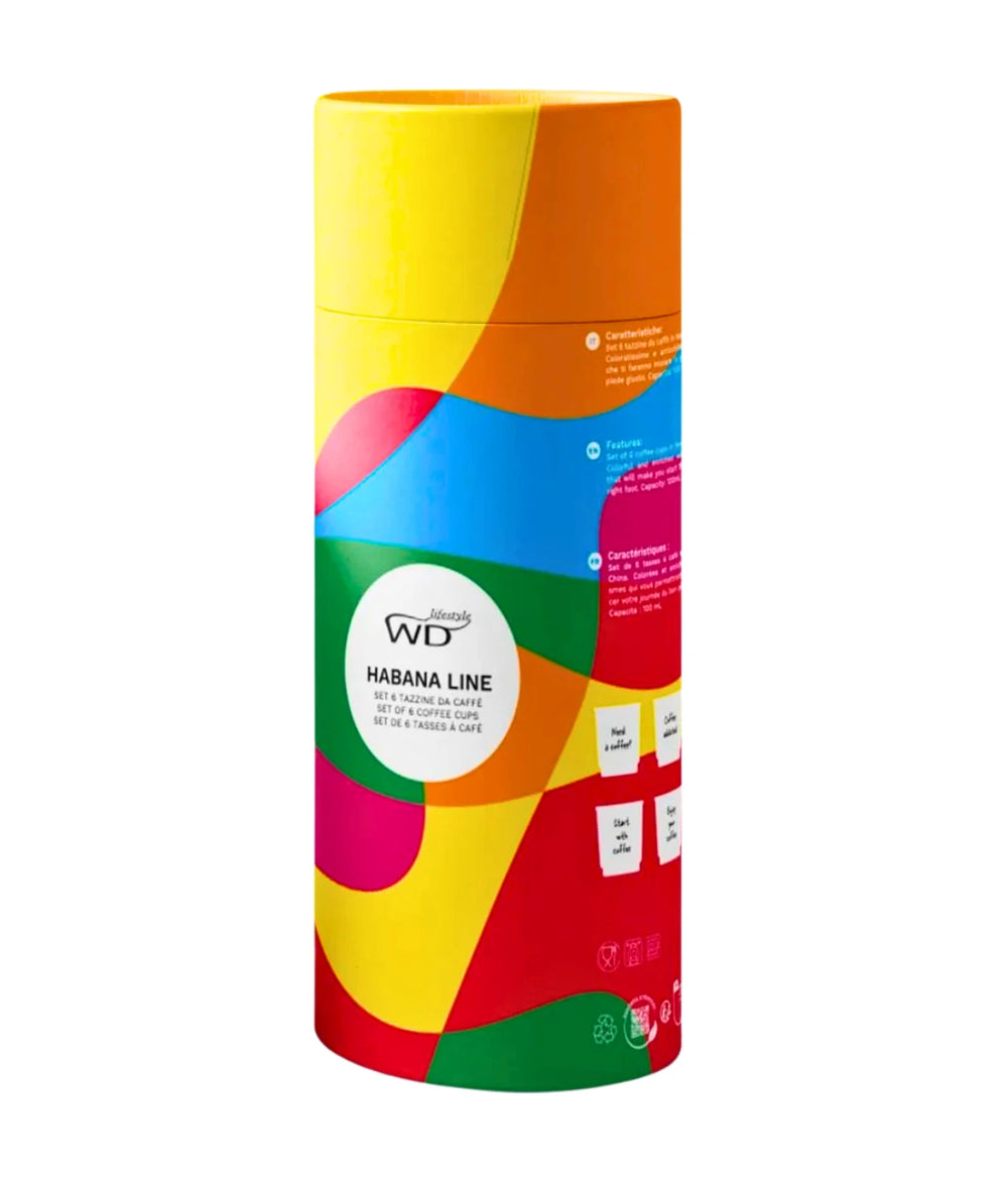 Confezione colorata marchiata Wd che contiene sei tazzine colorate da caffè. Sfondo bianco