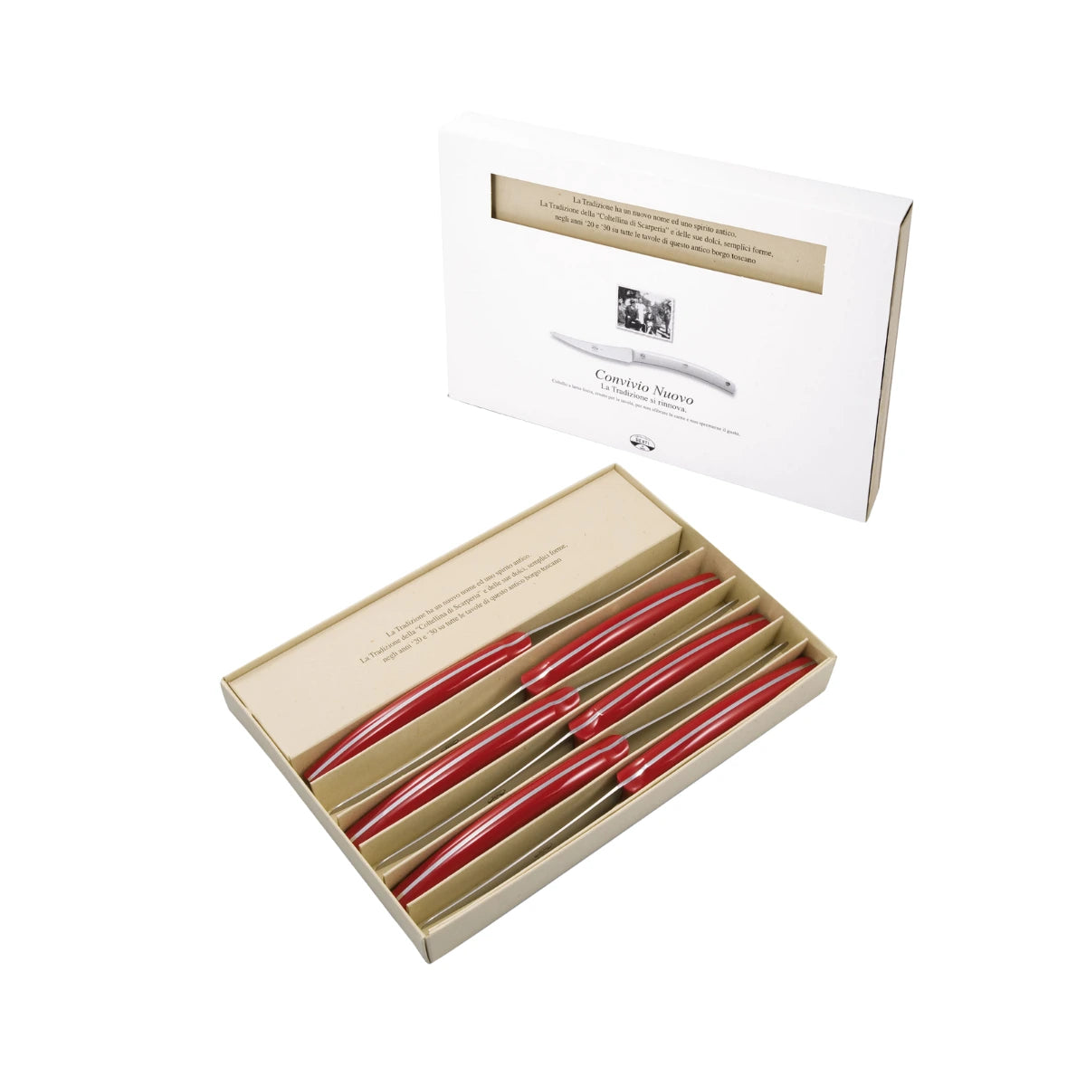 Confezione in carta riciclata Set sei coltelli da carne, manico ergonomico. Sfondo bianco