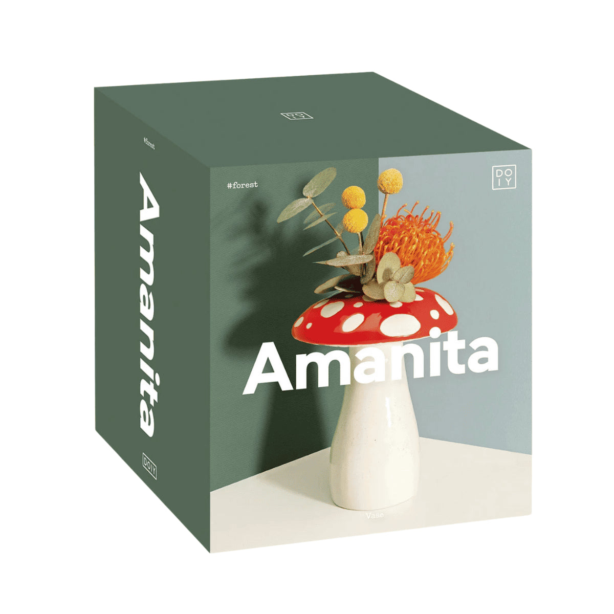 Scatola verde con immagine vaso a forma di fungo rosso con fiori inseriti e scritta amanita bianca.