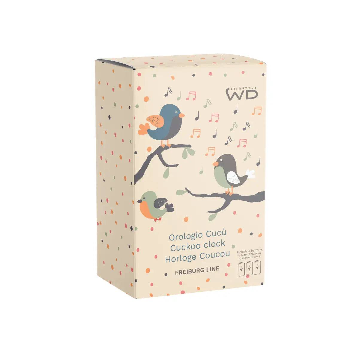 Confezione di cartone con sfondo beige e decorata con disegni di uccellini, note musicali e pois colorati. 