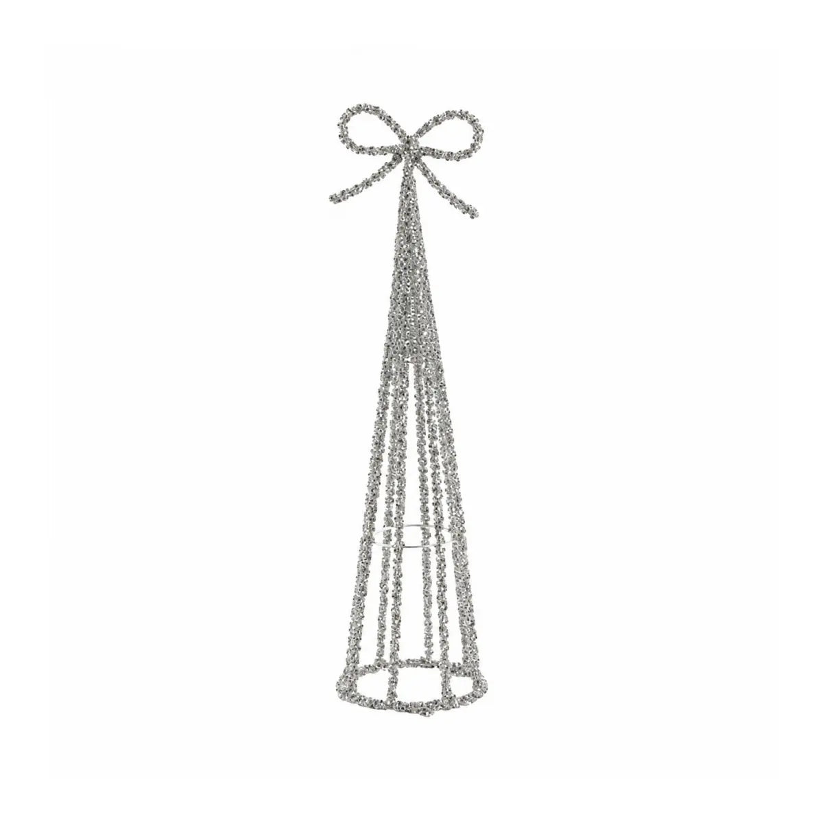Cono decorativo di colore argento con gioielli e fiocco sulla punta.