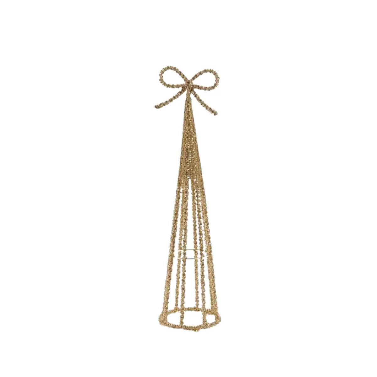 Cono decorativo di colore oro con gioielli e fiocco sulla punta.