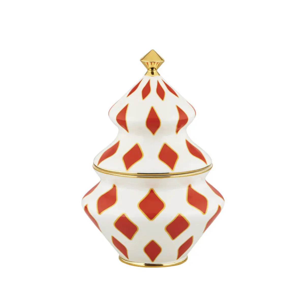 Contenitore per dolci Delight di Alessi ispirato alla forma dell'abete con colori oro, rosso e bianco