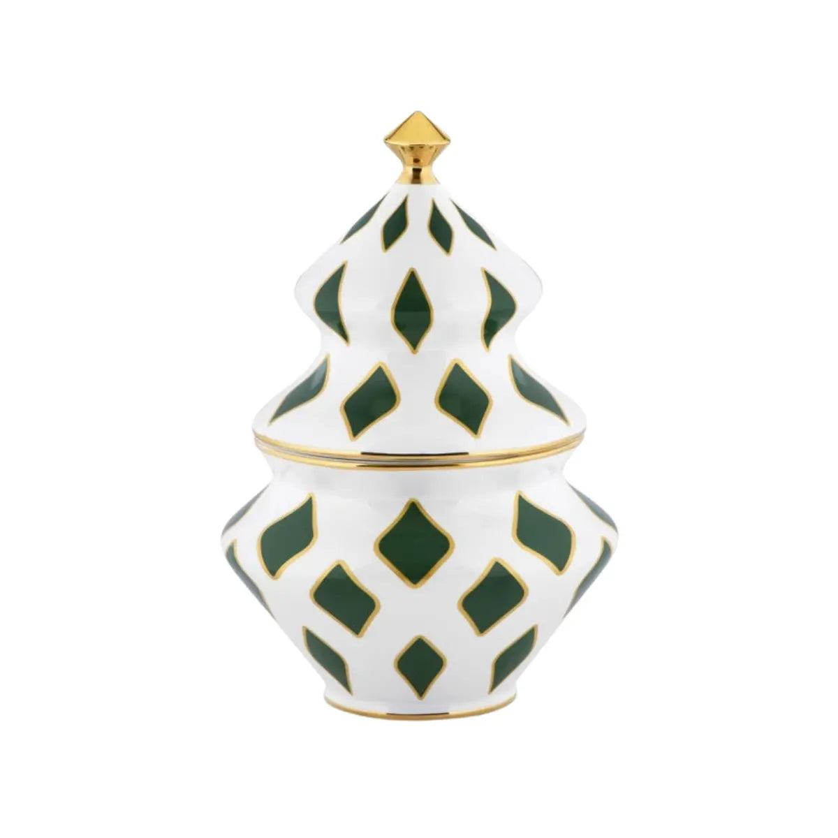 Contenitore per dolci Delight di Alessi ispirato alla forma dell'abete con colori oro, verde e bianco