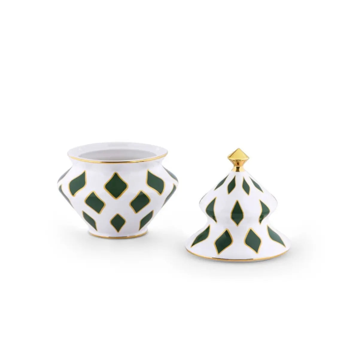 Contenitore per dolci Delight di Alessi ispirato alla forma dell'abete con colori oro, verde e bianco