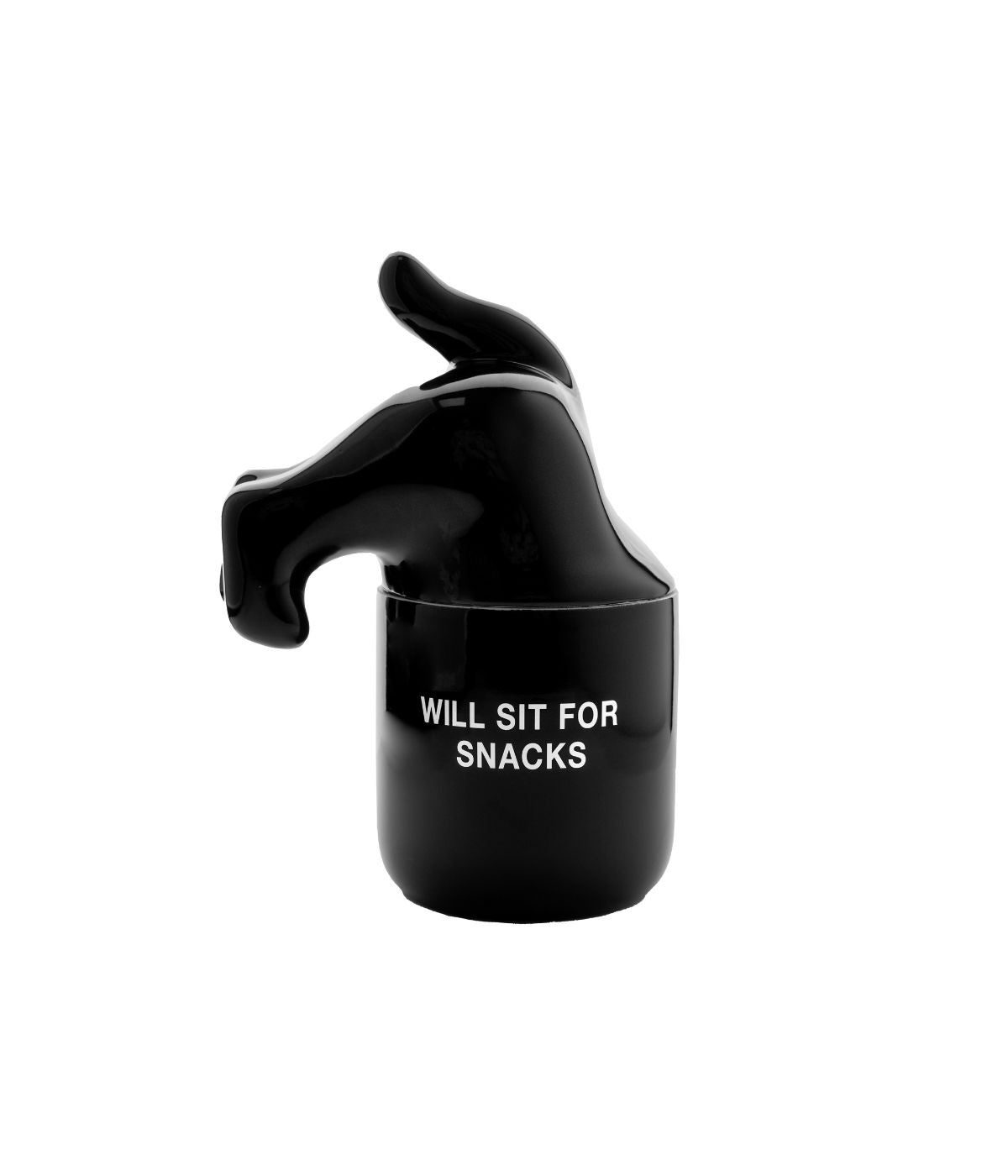 Contenitore nero con scritta bianca chiuso. Coperchio a forma di sedere di cane. Sfondo bianco