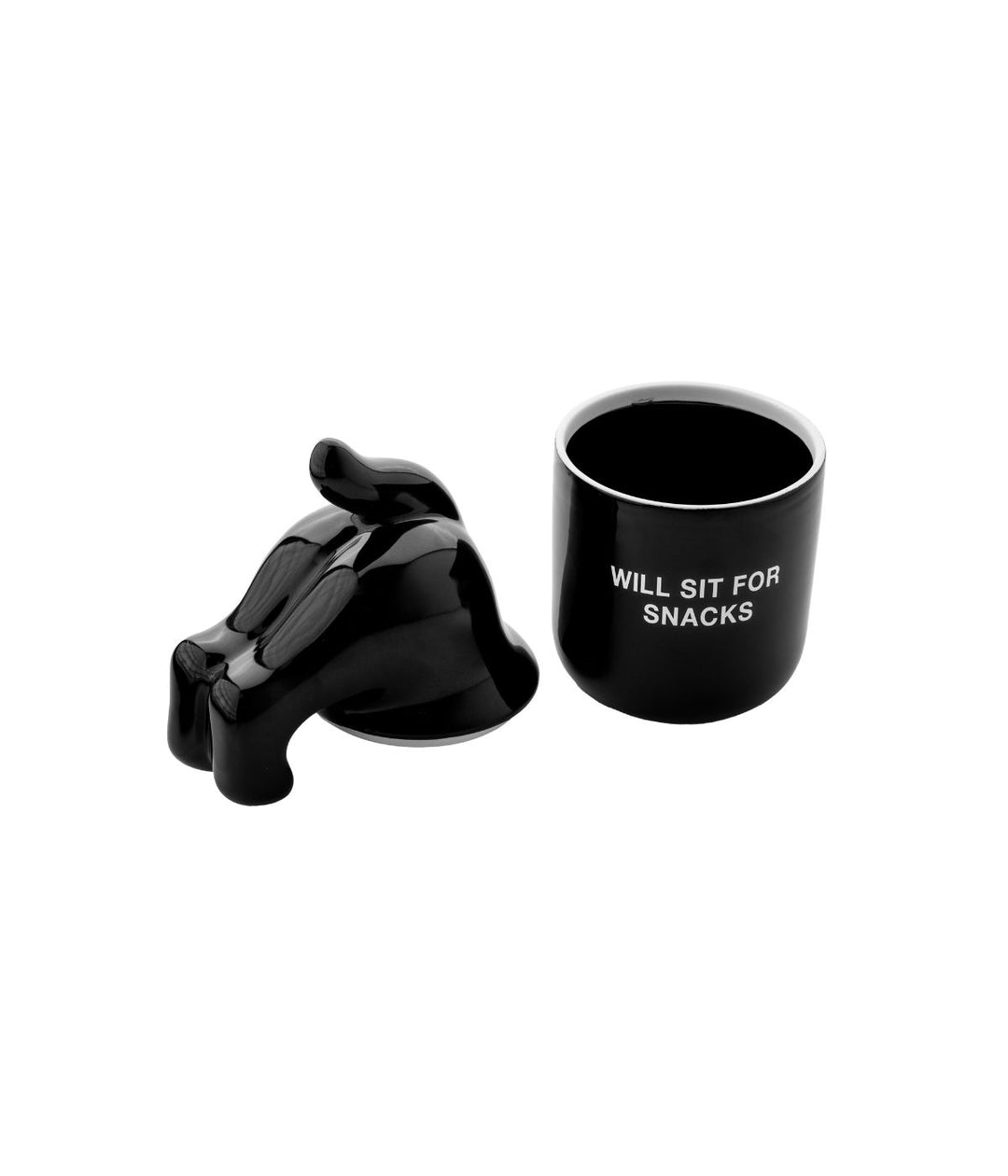 Contenitore con scritta Will Sit For Snacks aperto, coperchio a forma di sedere di cane e base