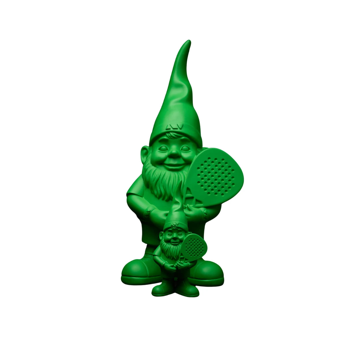 Coppia Nano Pachito piccolo e grande verde con racchetta da padel. Sfondo bianco