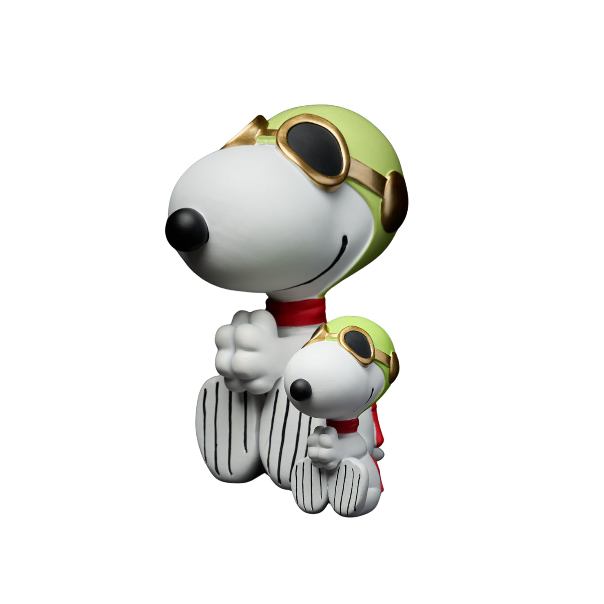 Snoopy Aviator piccolo e grande, colore bianco con occhialoni, cuffia e sciarpa. Sfondo bianco