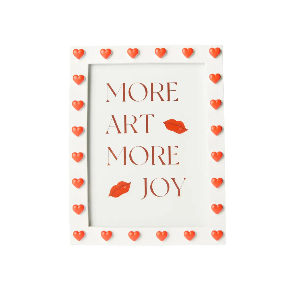Vista frontale di una cornice rettangolare portafoto. Bordo bianco con cuori in rilievo rossi. All'interno stampa con scritto more art more joy. Sfondo bianco