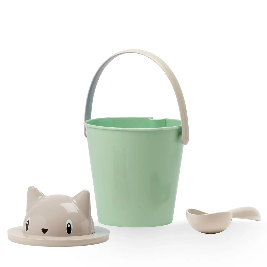 Porta crocchette con secchiello paletta e coperchio con gatto grigio 