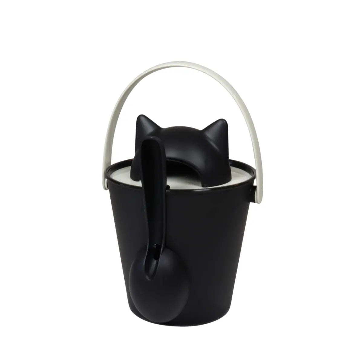 Porta crocchette per gatti nero visto da dietro con paletta per dosare nera