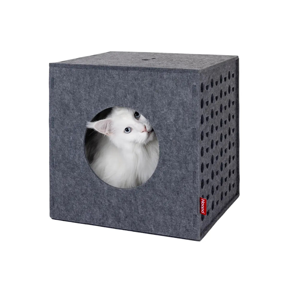 Casetta per gatti in feltro grigia con un gatto dentro 