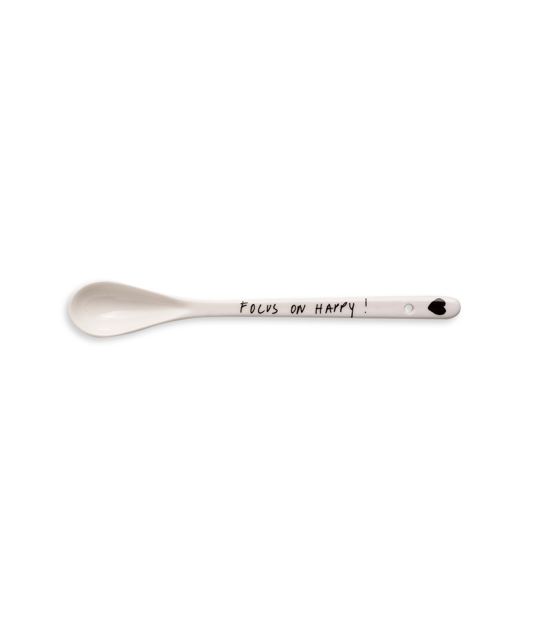 Cucchiaio in ceramica bianca con scritta Focus On Happy. Immagine su sfondo bianco