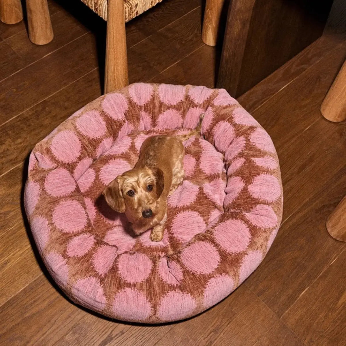Cuccia rotonda per cani Pois moka e rosa – Taglia M