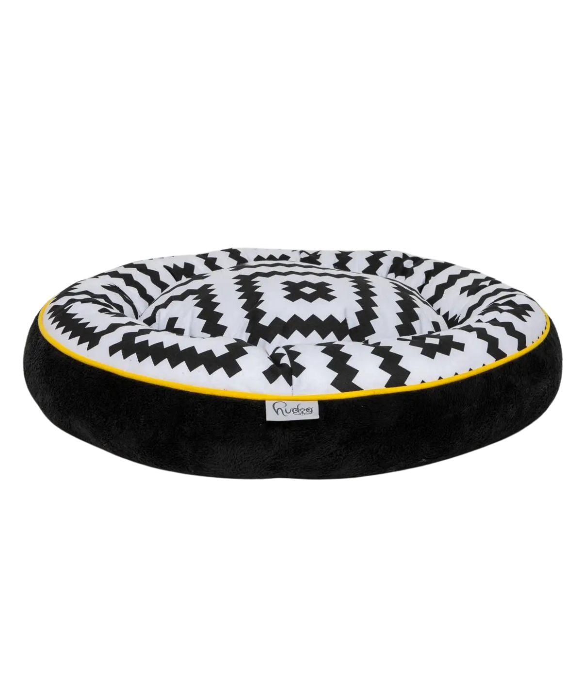 Cuccia per cani e gatti metà decorata zigzag bianco e nero, metà nera. Bordo giallo, sfondo bianco