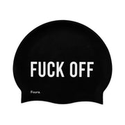 Cuffia da piscina nera in silicone con scritta bianca "Fuck off"