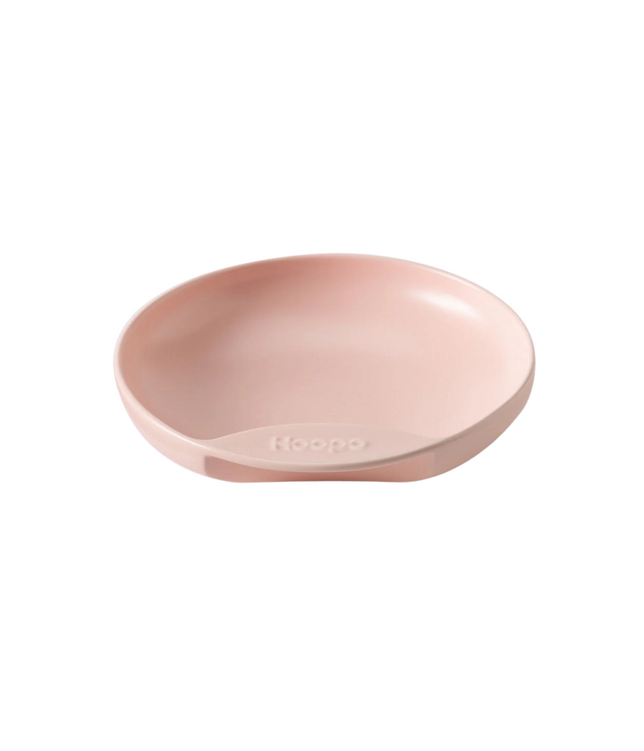 Ciotola rosa a forma di piatto con scritta Hoopo. Immagine su sfondo bianco.