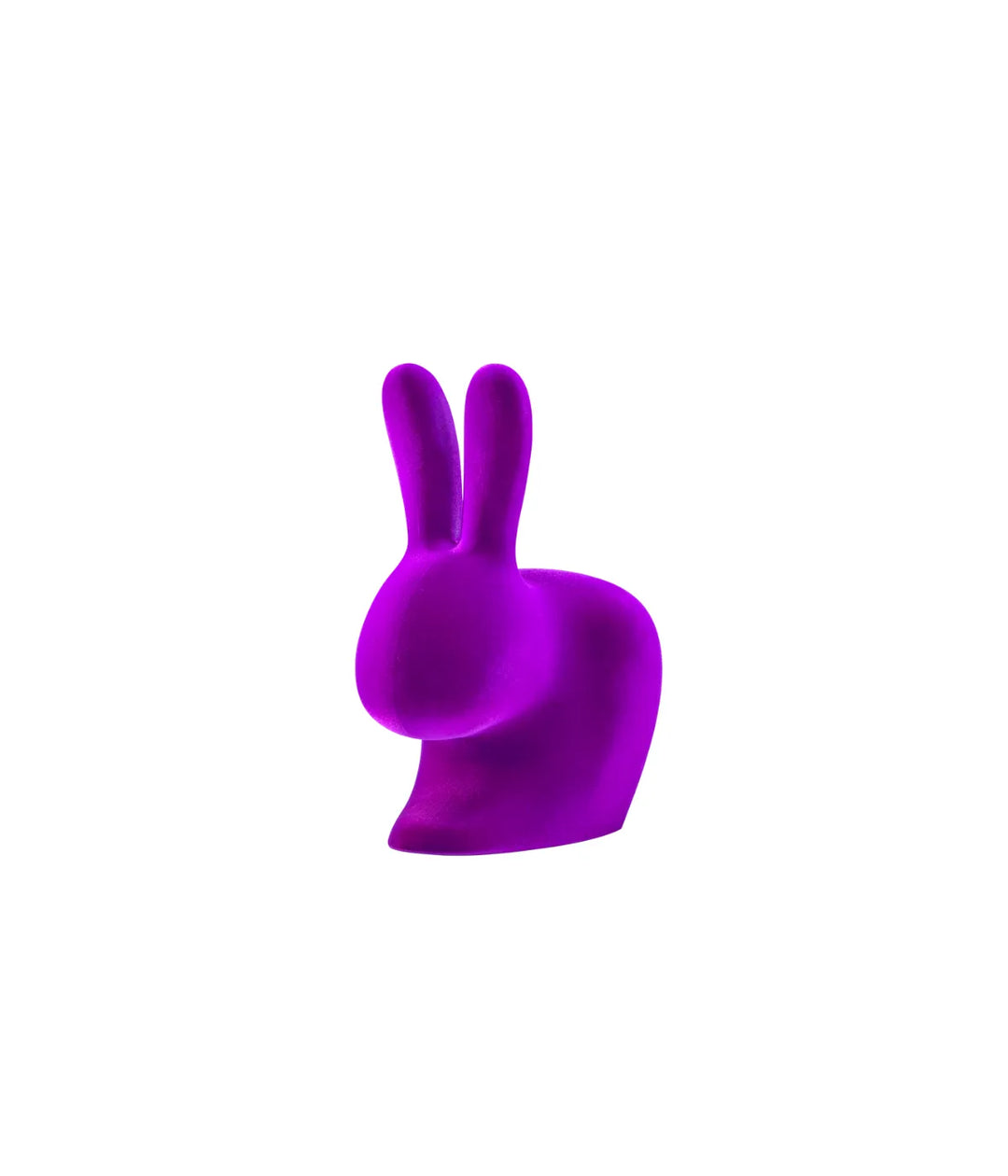 Dettaglio fermaporta o fermalibro viola in velluto a forma di coniglio. Immagine su sfondo bianco