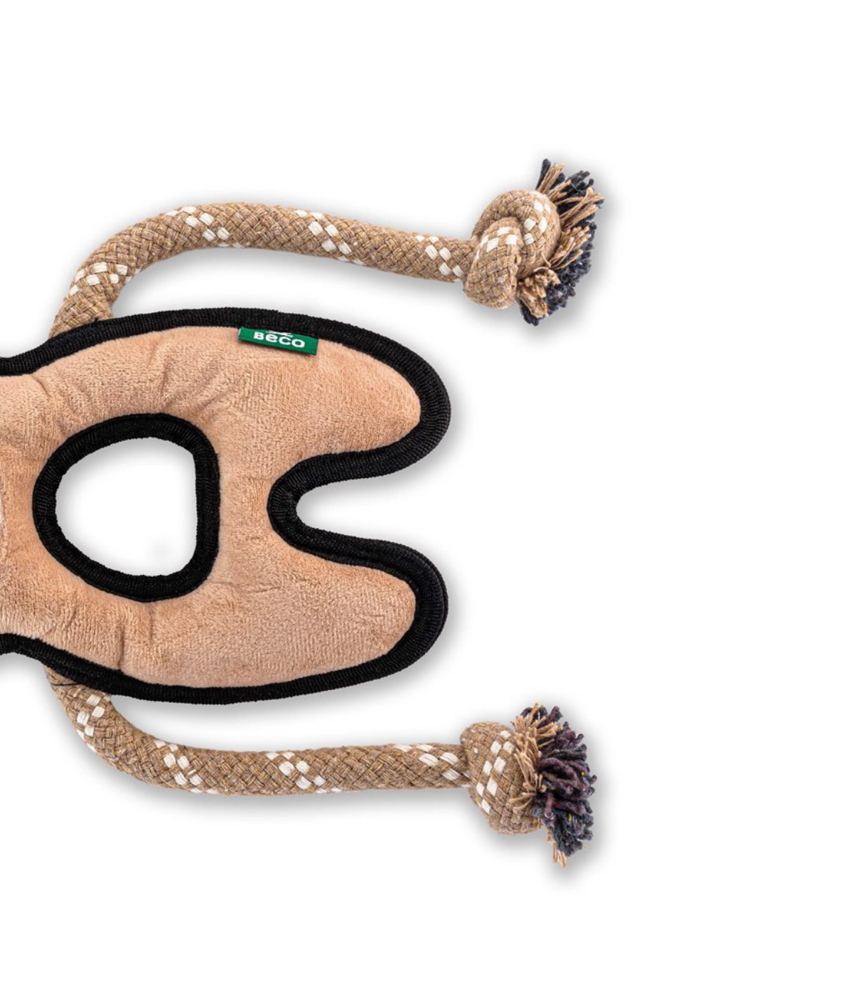 Gioco per cani a forma di bradipo con dettaglio degli inserti in corda di cotone. Sfondo bianco