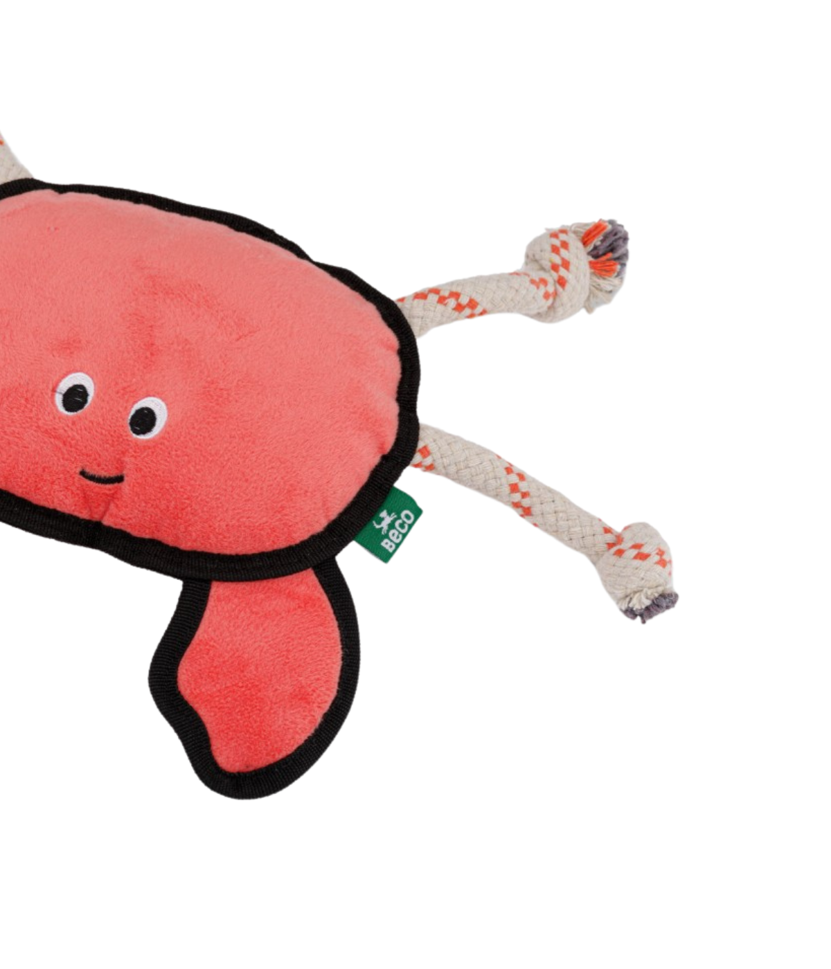 Dettaglio  inserti in corda di cotone del gioco per cani a forma di granchio. Sfondo bianco