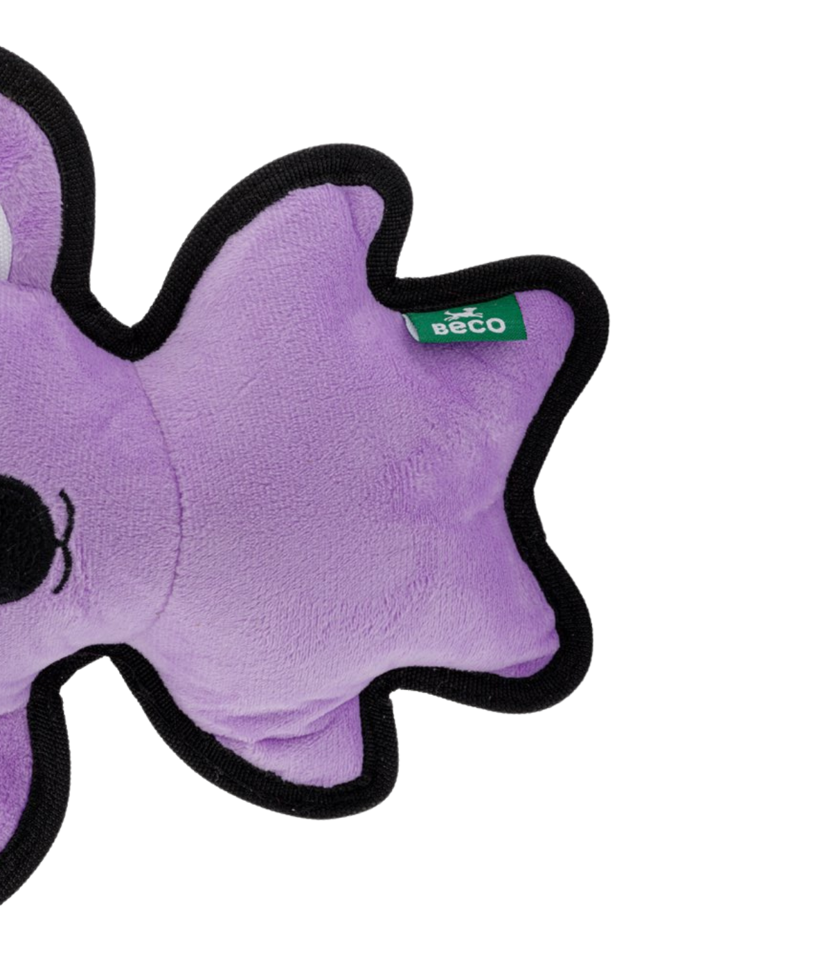 Dettaglio del gioco per cani a forma di koala con le sue cuciture nere rinforzate. Sfondo bianco